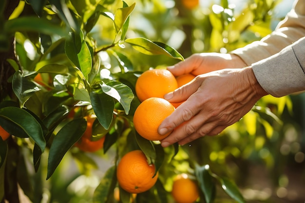 Recogiendo naranja a mano del huerto de naranjos