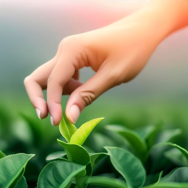 Recogiendo la punta de la hoja de té verde por mano humana en la colina de la plantación de té durante la madrugada