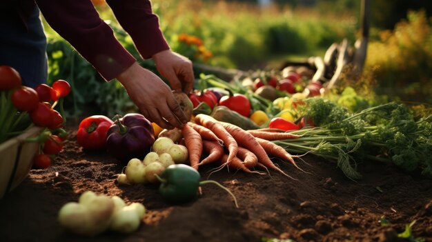 Recogiendo verduras en el suelo los agricultores cosechan en otoño