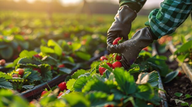 Foto la recolección en el campo de fresas