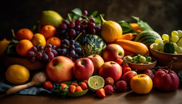 Recolección de fruta fresca en mesa de madera alimentación saludable generada por IA