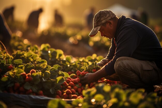 Foto recolectando la cosecha de fresas en las plantaciones de la granja.