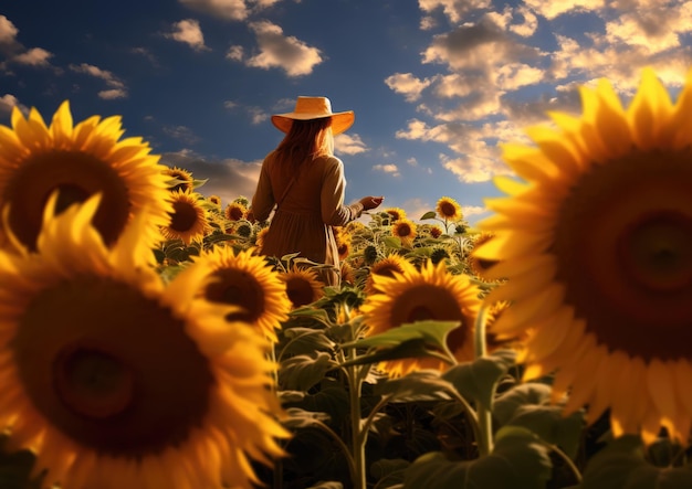 Un recolector en un campo de girasoles rodeado de imponentes girasoles. El ángulo de la cámara es desde abajo.