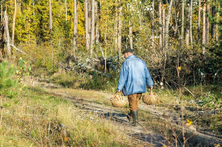 Foto un recolector de hongos está buscando hongos en el bosque de otoño.
