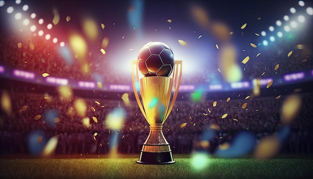 Recompensa de la copa de fútbol dorada por la victoria en el campeonato de fútbol en el estadio de campo de hierba verde