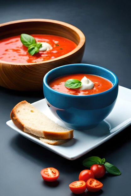 Un reconfortante plato de sopa cremosa de tomate hecha con albahaca aromática de tomates frescos