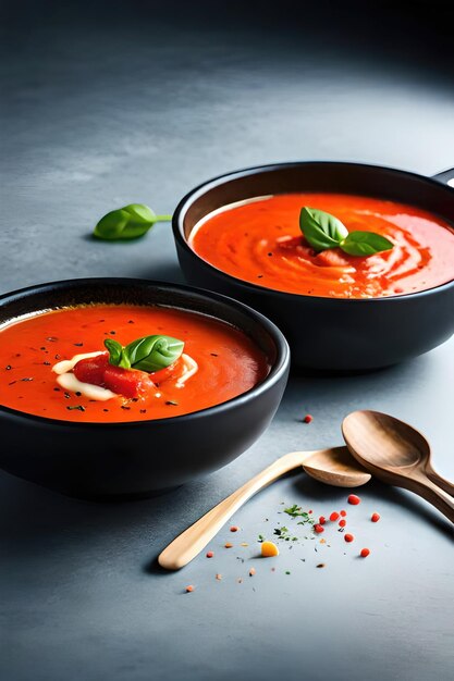 Un reconfortante plato de sopa cremosa de tomate hecha con albahaca aromática de tomates frescos