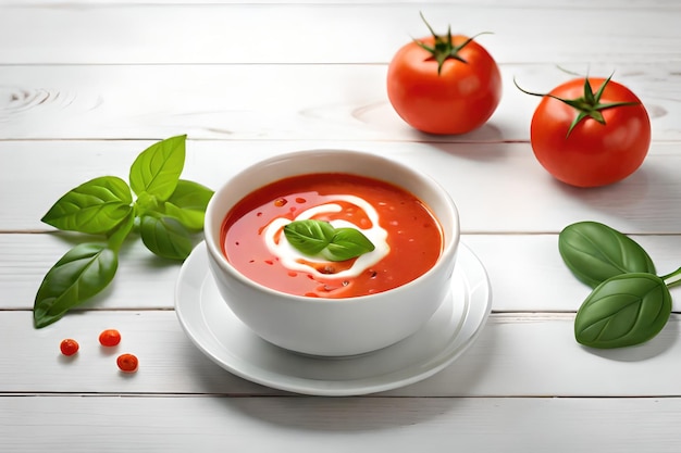 Un reconfortante plato de sopa cremosa de tomate hecha con albahaca aromática de tomates frescos