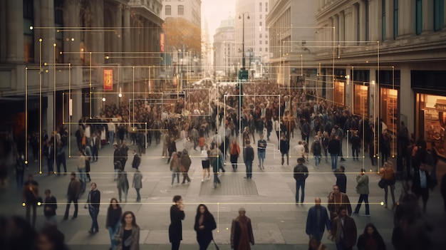 Reconocimiento facial AI escaneando a cada persona en la multitud en la calle AIgenerated