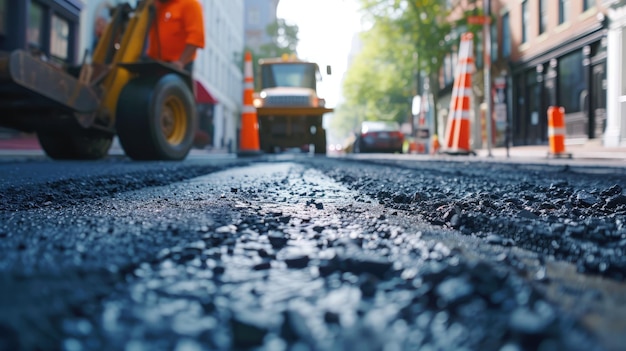 Reconstrucción de la calle Construcción de asfalto fresco Camino malo