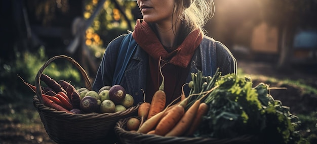 Recortado tiro de mujer sosteniendo cesta de mimbre con verduras frescas en farmgenerative ai