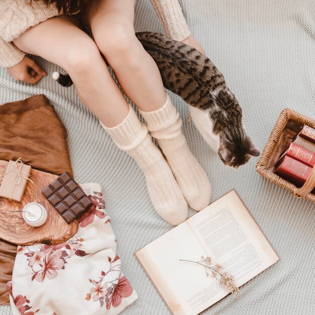 Recortar mujer y gato sobre una manta cerca de libros y aperitivos