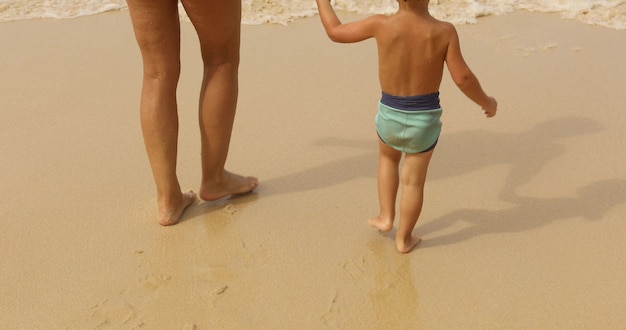 Recortar vista traseira do garoto com o pai de mãos dadas e caminhar na praia de areia da praia