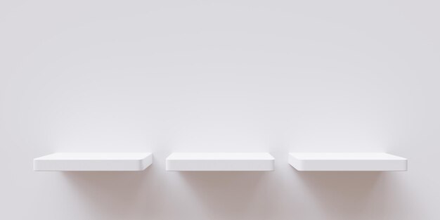 Recorte aislado blanco vacío de tres estantes sobre fondo de pared de color blanco Plantilla de anuncio 3d render