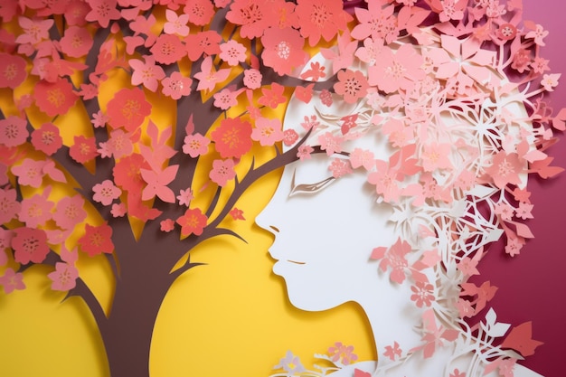 Un recorte de papel de la cara de una mujer con un árbol y flores.