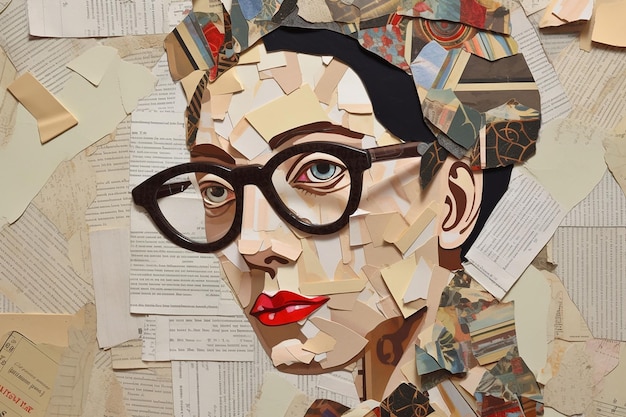 Recorte de papel collage de papel Retrato de una mujer con gafas en el fondo de fotos antiguas