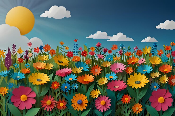 Un recorte de papel de un hermoso jardín de flores coloridas en un brillante día soleado con un cielo azul brillante