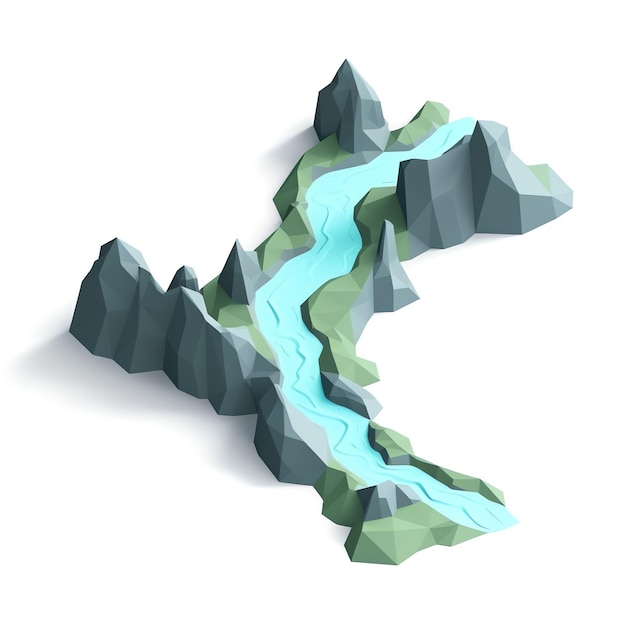 Un recorte de papel de una montaña con un río en el medio.