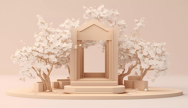 Un recorte de papel de un templo con un árbol en el fondo.