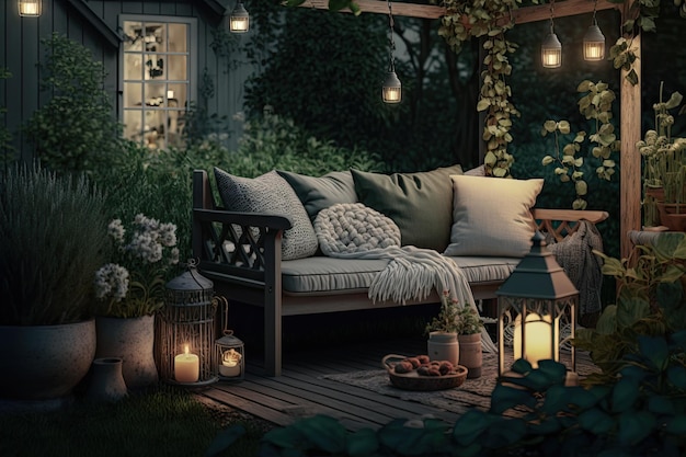 Recreação noturna de verão no jardim no sofá de madeira no quintal aconchegante