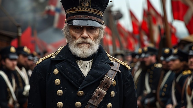 Foto recreación de un desfile militar histórico con un hombre con uniforme vintage y tropas que llevan banderas