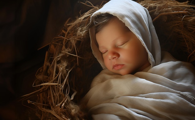 Recreación en vivo de la escena de la natividad de Navidad Concepto de Jesucristo recién nacido en el pesebre con pañuelos de lino en la noche santa Niño nace antecedentes religiosos cristianos Hijo de Dios Señor Emanuel durmiendo
