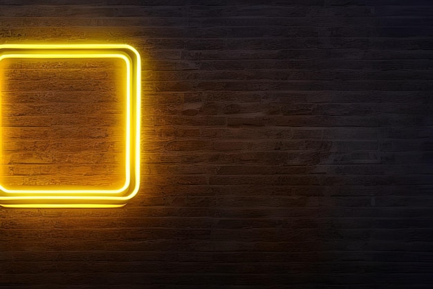 Rectángulo de neón amarillo brillante en el fondo de la pared y fondo de ladrillo