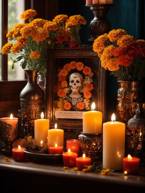 en recuerdo del Día de Muertos Un sereno altar iluminado con velas y adornado con caléndulas