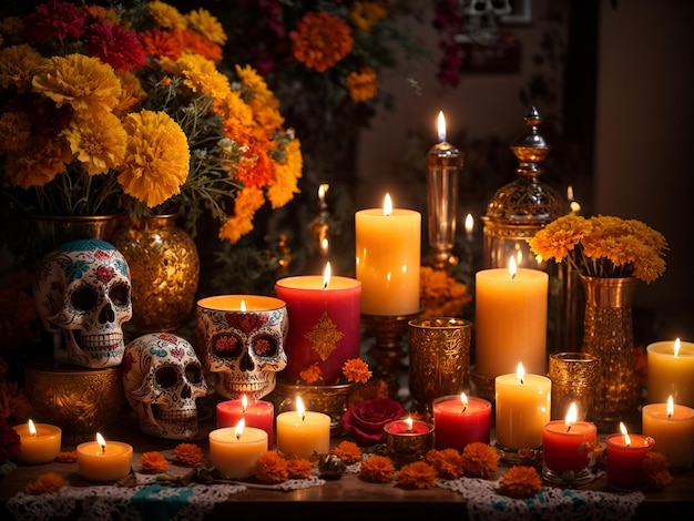 en recuerdo del Día de Muertos Un sereno altar iluminado con velas y adornado con caléndulas