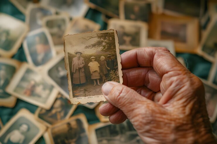 Recuerdos nostálgicos Una mano que sostiene una fotografía antigua entre una colección de imágenes antiguas
