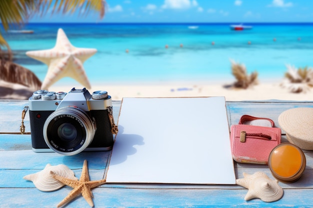 Foto recuerdos de vacaciones fondo de playa listo para cámara con papel fotográfico en blanco viajes de verano