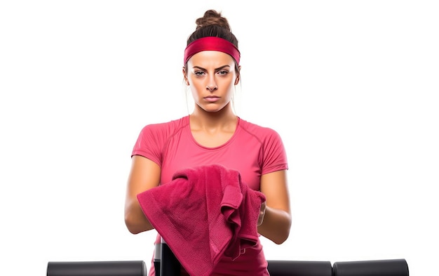 Foto recuperación atleta mujer con toalla post-esforzo aislado en fondo transparente