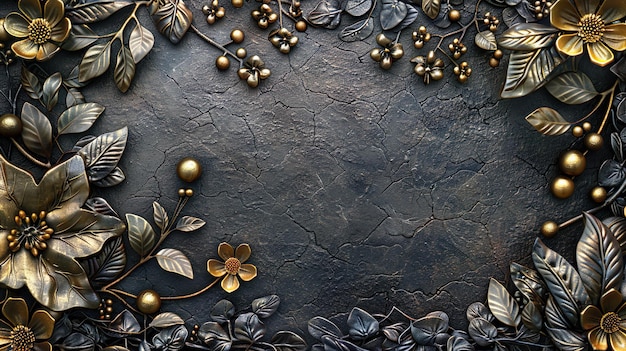 Recurso gráfico de moldura floral de textura metálica dourada com espaço para texto