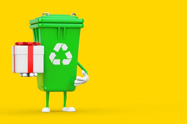 Recyceln Sie Zeichen-Grün-Müll-Papierkorb-Charakter-Maskottchen mit Geschenkbox und rotem Band auf gelbem Hintergrund. 3D-Rendering