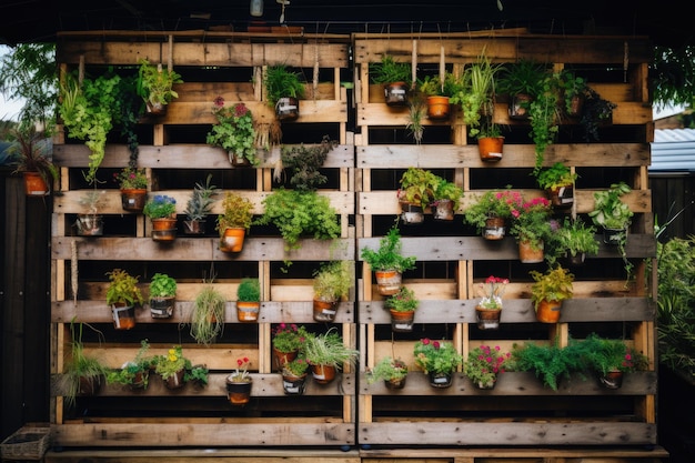 Recycelte Paletten mit hängenden Pflanzen schaffen einen vertikalen Garten