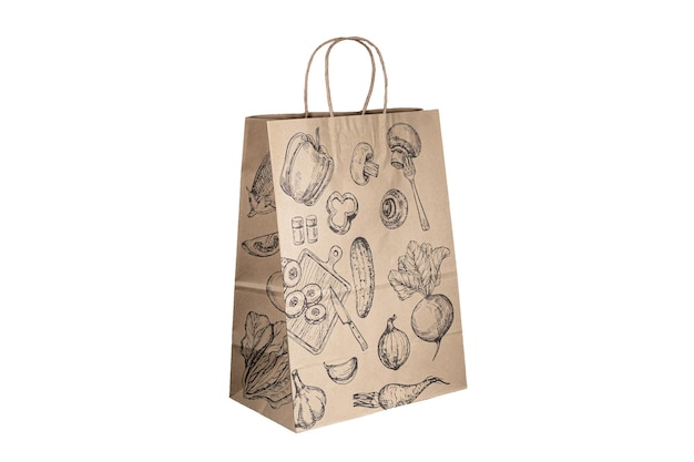 Recycling-Handwerkspapiertüte für Einkäufe, Geschenke und Take-Away-Lebensmittel auf schwarzem Hintergrund Umweltfreundlicher als Einmal-Plastiktüten