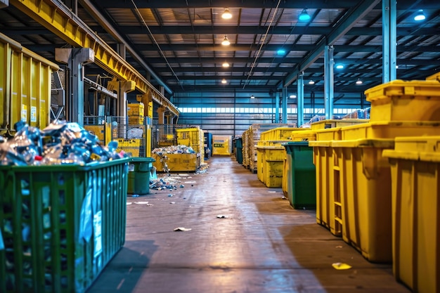 Recycling Innenraum eines Lagers mit gelben Kunststoffkästen und Mülltonnen