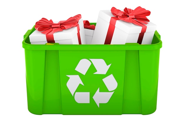 Recycling-Mülleimer mit Geschenkboxen 3D-Rendering