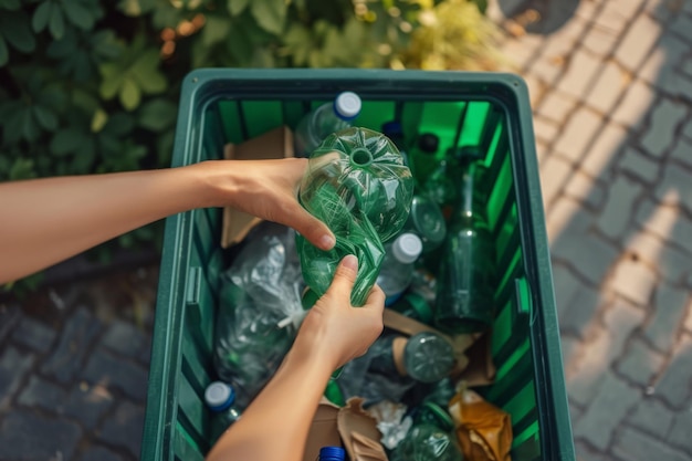 Foto recycling de personas mediante la eliminación de basura en contenedores al aire libre haciendo hincapié en la conciencia ecológica