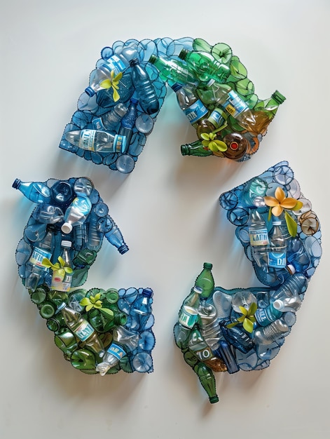 Recycling-Symbol aus Plastikflaschen Weißer Hintergrund ai erzeugt Umweltproblem retten den Planeten Erde Tag Konzept