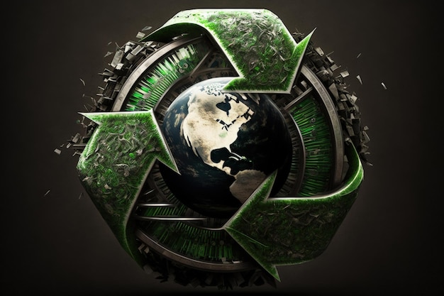 Recycling-Symbol mit dem Planeten Erde in der Mitte. Umweltschutzkonzept AI zum Tag der Erde