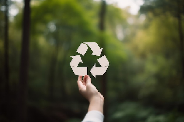Recycling-Symbol von Hand gehalten auf einem wunderschönen Bokeh-grünen Hintergrund