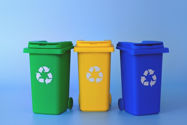 Recycling von Mülltonnen. Abfallsortierkonzept. Flach liegen. Sammeln Sie bunte Trennpapierkörbe