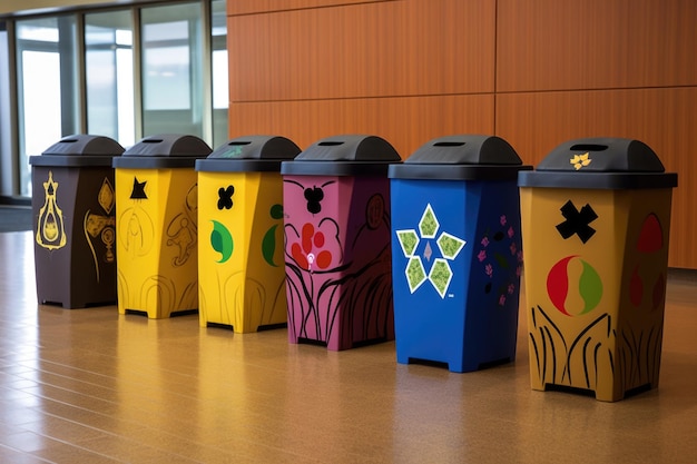 Recyclingbehälter mit Symbolen für verschiedene Materialien, erstellt mit generativer KI