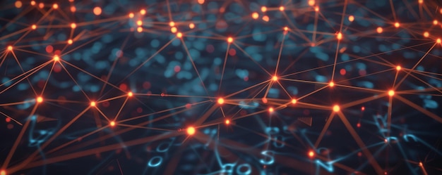 Red abstracta futurista de nodos con puntos brillantes que simbolizan la transferencia de datos de alta tecnología