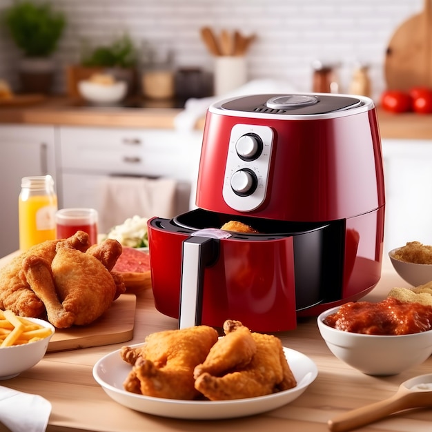 Red Air Fryer con pollo frito sobre una mesa de madera en la cocina AI Generative