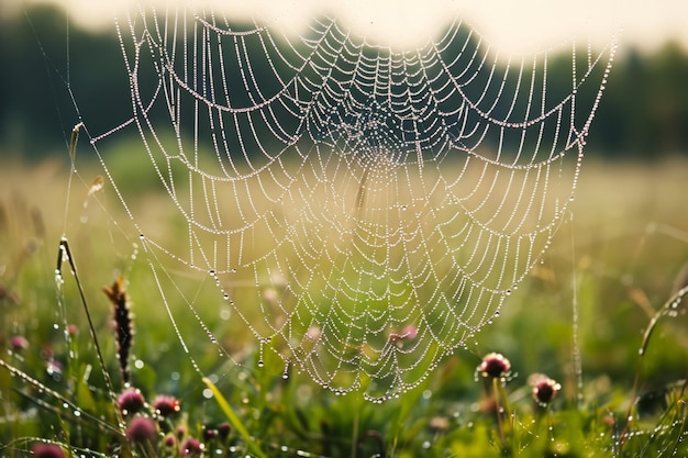 La red de araña cubierta en la luz de la mañana con fondo de campo verde