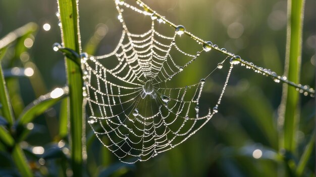 La red de araña con el rocío de la mañana contra la luz del sol