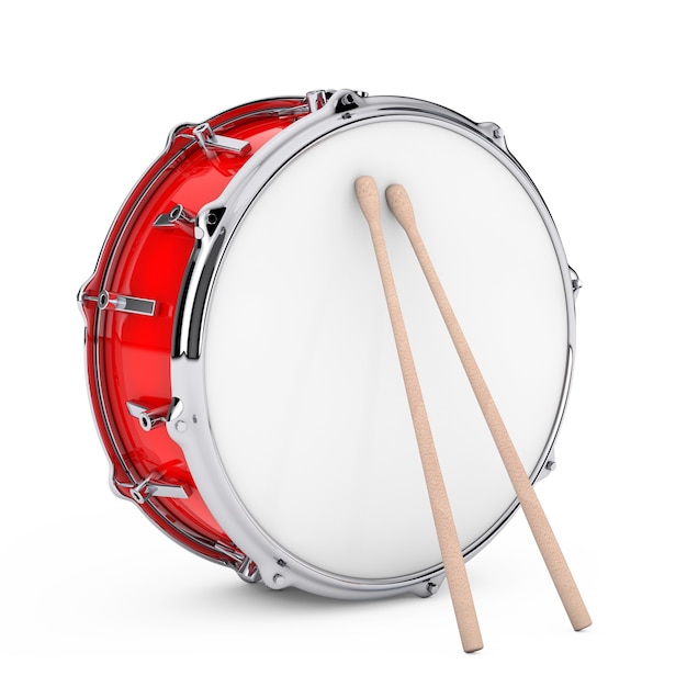 Red Bass Drum mit Paar Drumsticks auf weißem Hintergrund. 3D-Rendering