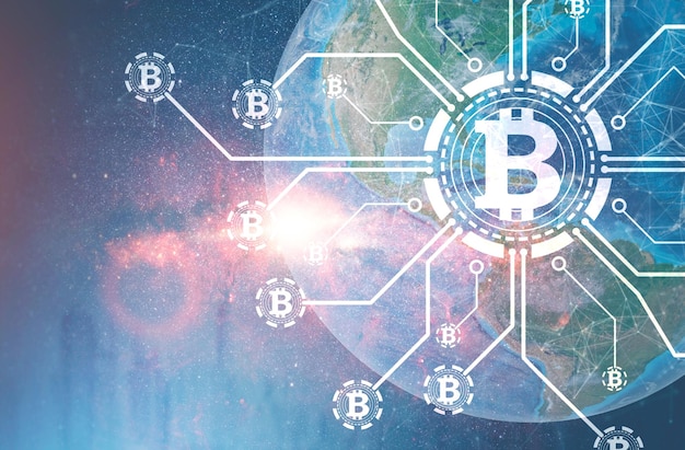 Red Bitcoin contra la Tierra en el espacio.